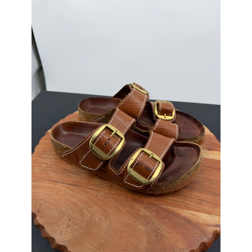 Birkenstock Arizona x STAUD Big Buckle Sandals 38 7 Brown Croc Embossed Leather